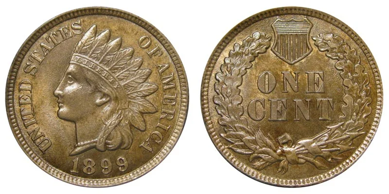 1899 Indian Head penny obverse and reverse showing Liberty with headdress and laurel wreath