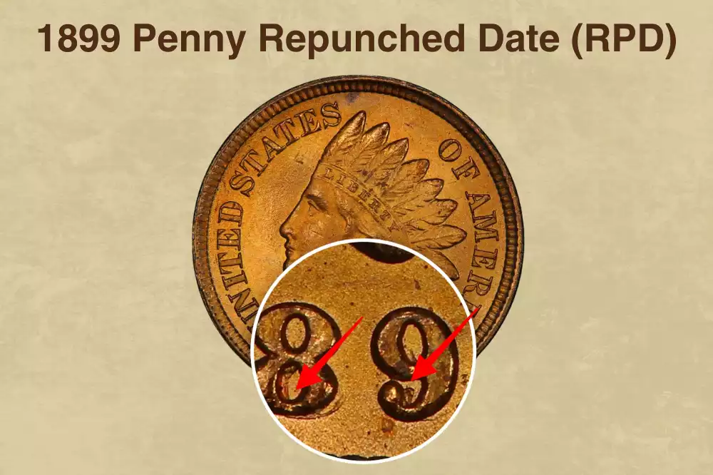 Comparison of a normal 1899 Indian Head penny date versus a Repunched Date variety showing doubled 9 digits