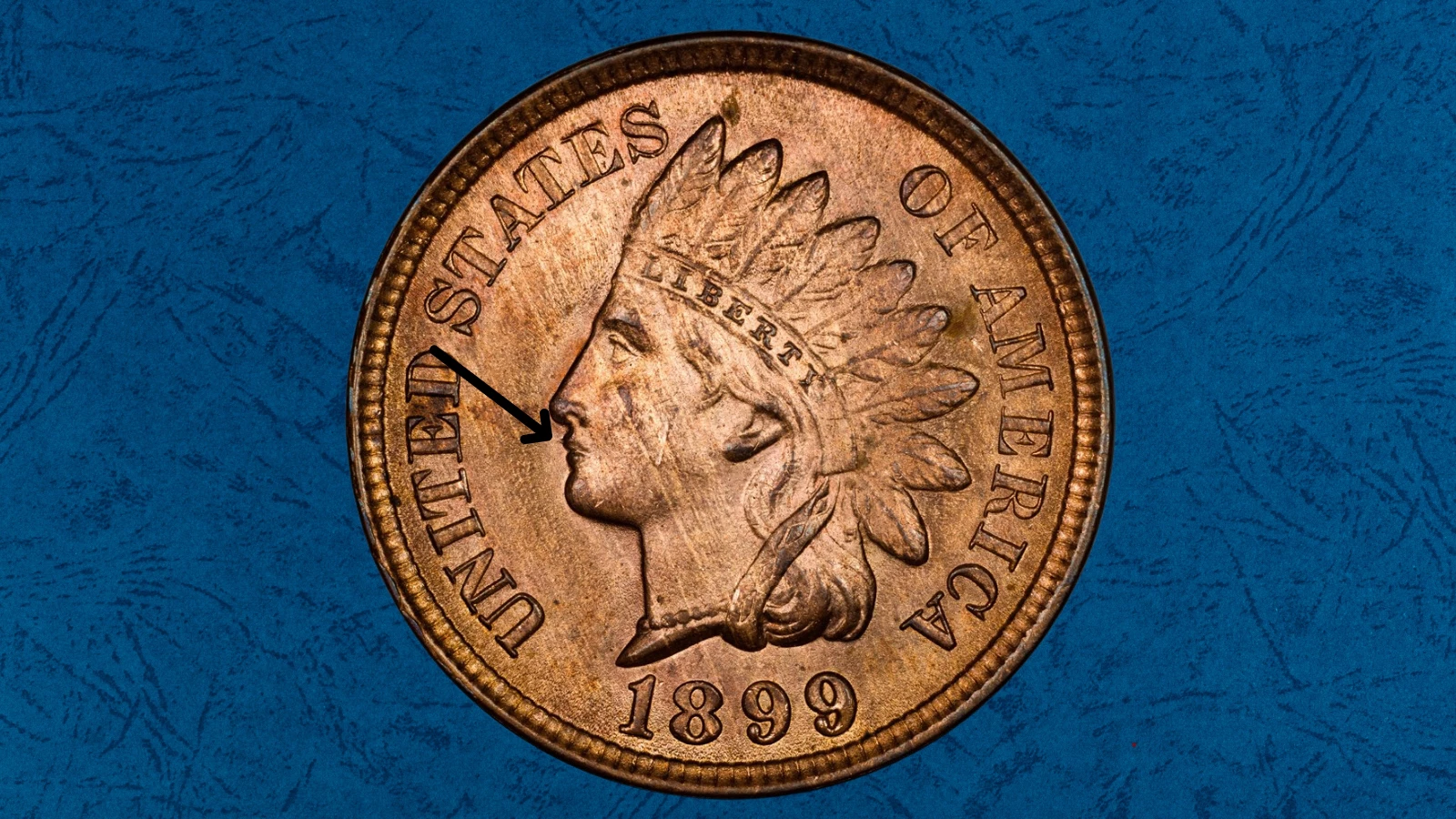 1899 Indian Head penny Spiked Lip variety showing a raised die chip or spike below Liberty's lower lip