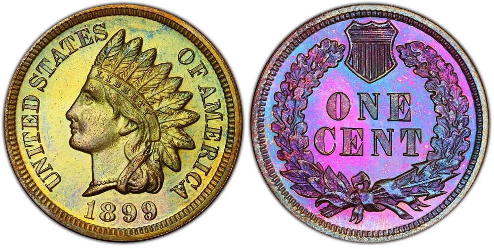 1899 Indian Head penny grading strip showing four coins from worn Good condition to About Uncirculated with grade labels